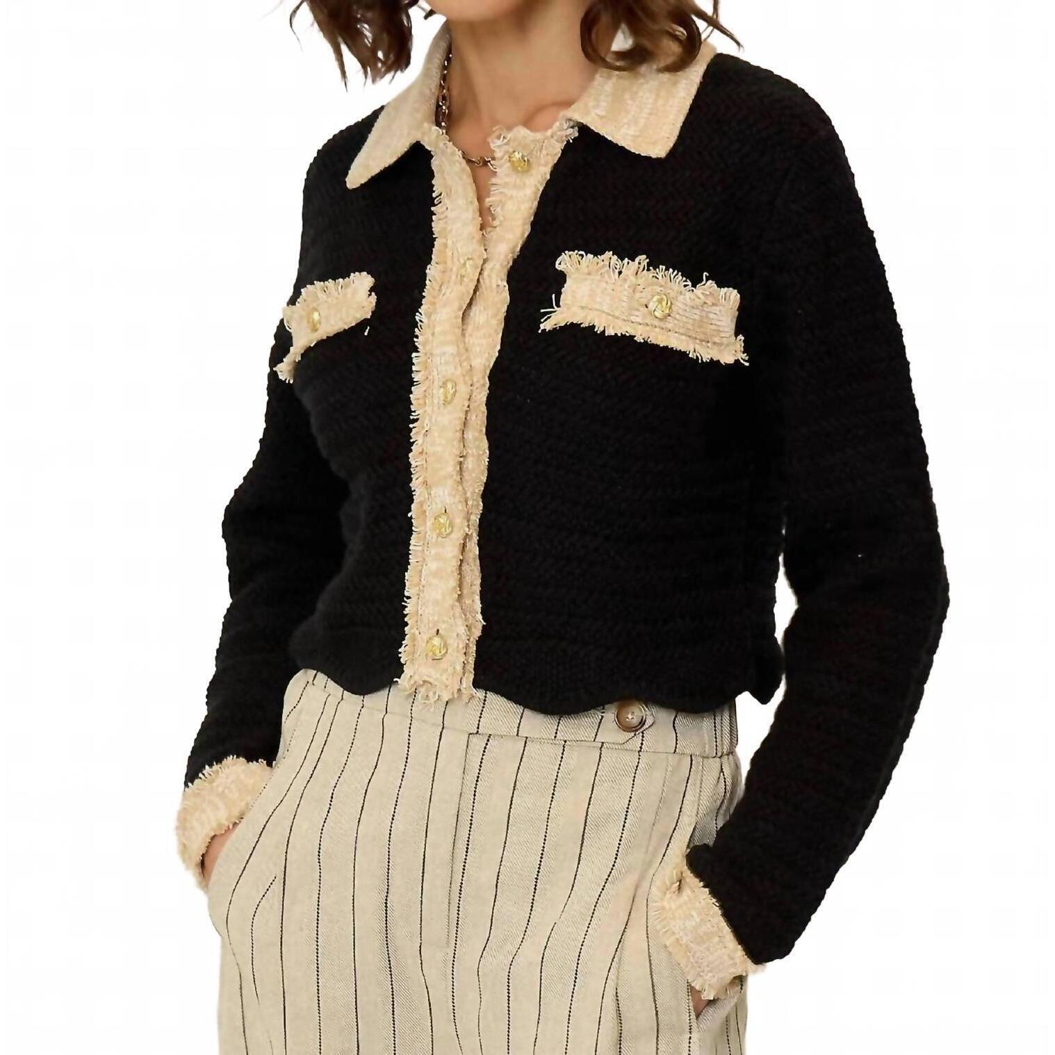 New Central Park West Rose Scallop Edge Sweater In Black Tan